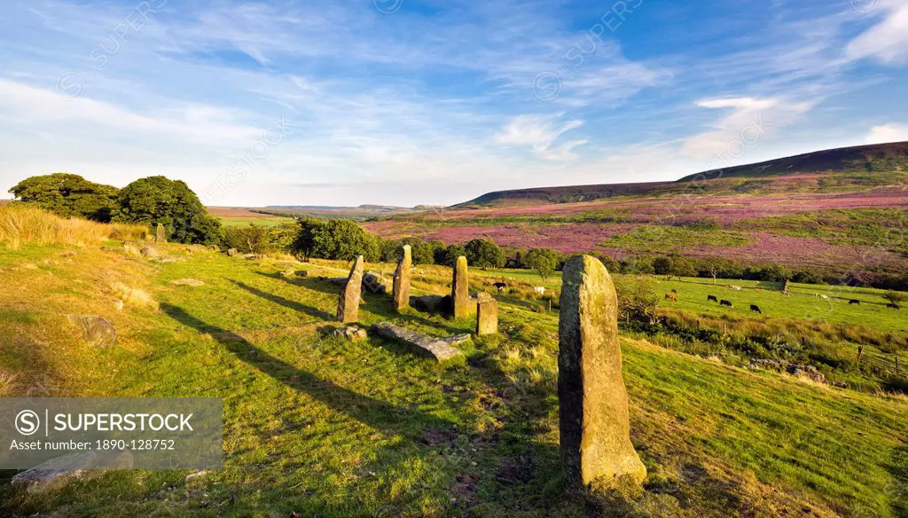 Standing stones on the North Yorkshire Moors with Arden Great Moor in the distance, Yorkshire, England, United Kingdom, Europe