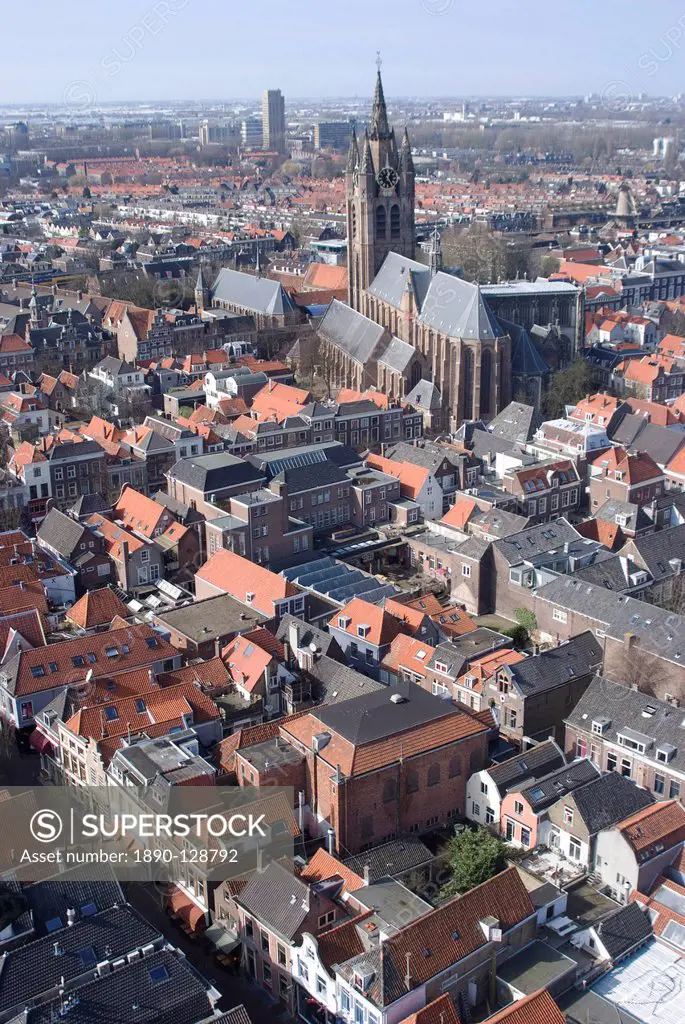 View over the city and the Oude Kerk Old Church from the viewing platform of the Nieuwe Kerk New Church, Delft, Netherlands, Europe