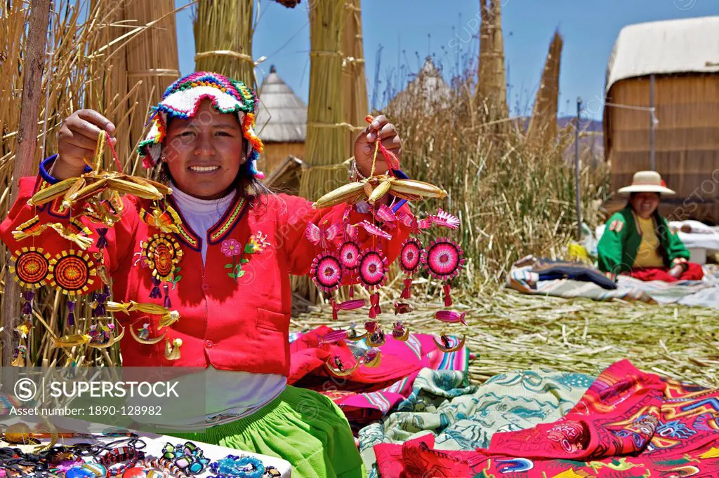 Portrait of a Uros Indian woman selling souvenirs, Islas Flotantes Floating Islands, Lake Titicaca, Peru, South America