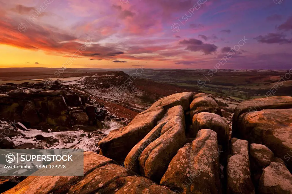 Frosty winter sunrise, Froggatt and Curbar Edge, Peak District National Park, Derbyshire, England, United Kingdom, Europe