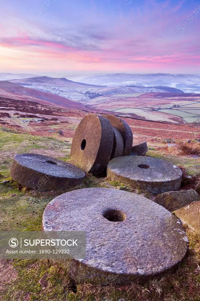 Stanage Edge wheelstones millstones and frosty winter moorland sunrise, Peak District National Park, Derbyshire, England, United Kingdom, Europe