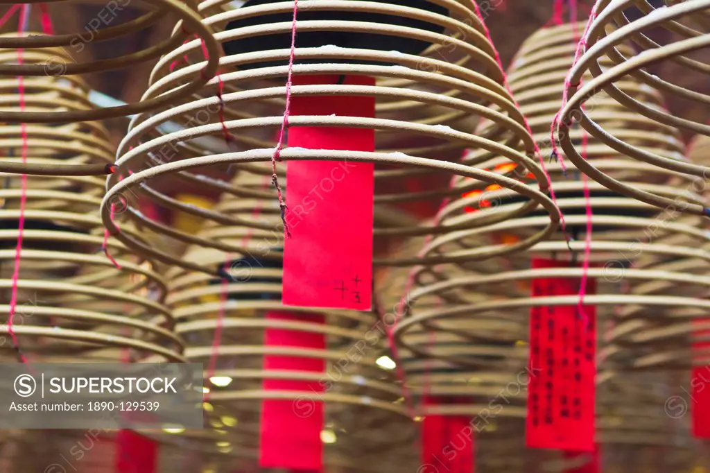 Incense coils and prayers written on red tags in the Man Mo Temple, Hong Kong, China, Asia