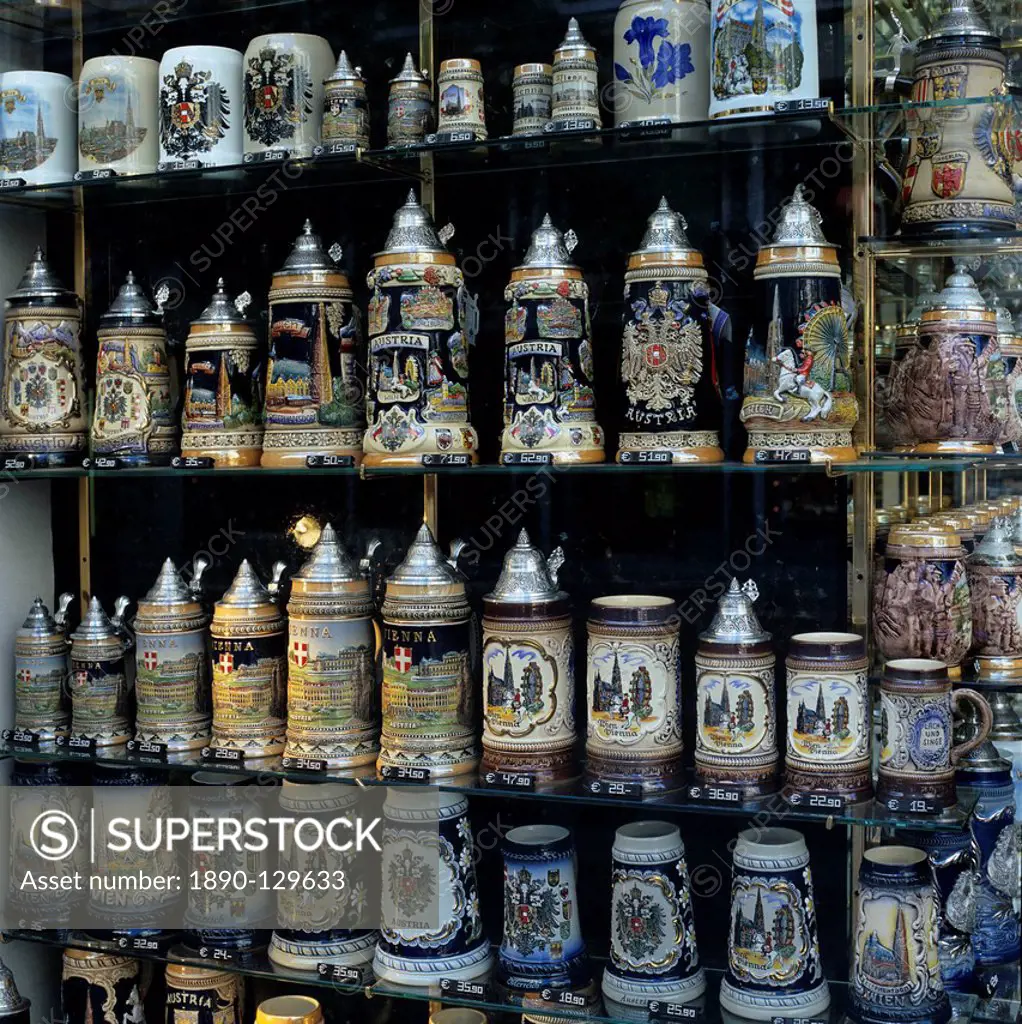Souvenir shop_window displaying traditional Austrian beer tankards, Vienna, Austria, Europe