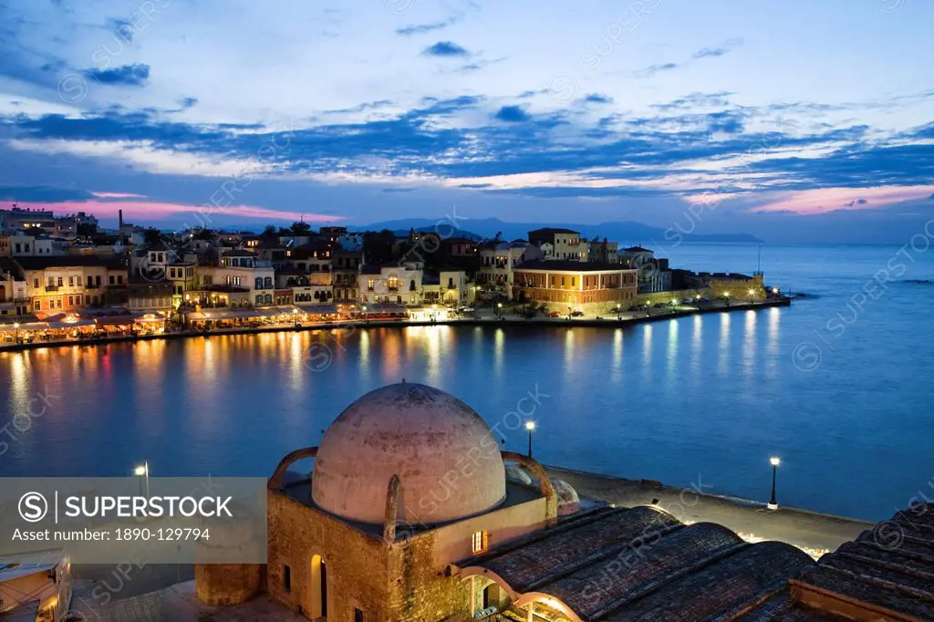 Venetian Harbour and Mosque of the Janissaries at dusk, Chania Hania, Chania region, Crete, Greek Islands, Greece, Europe