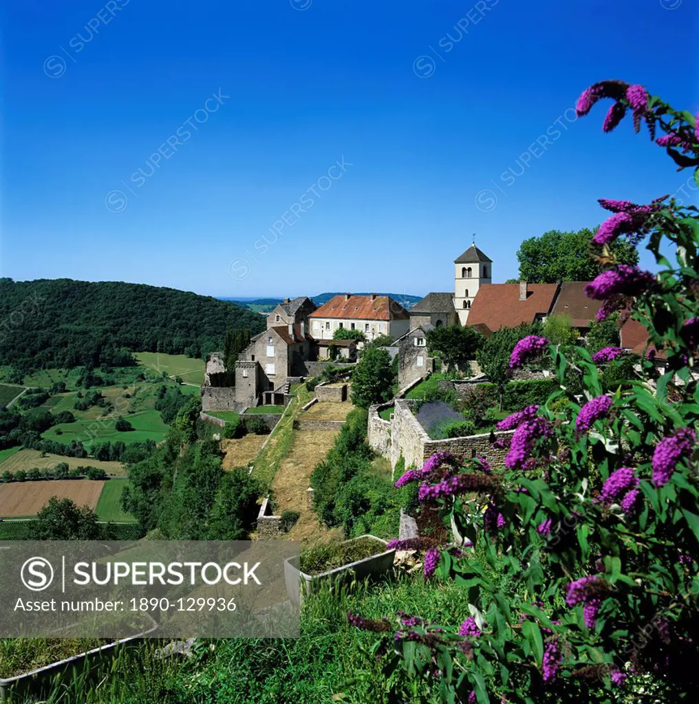 View over village, Chateau Chalon, Jura, Franche Comte, France, Europe
