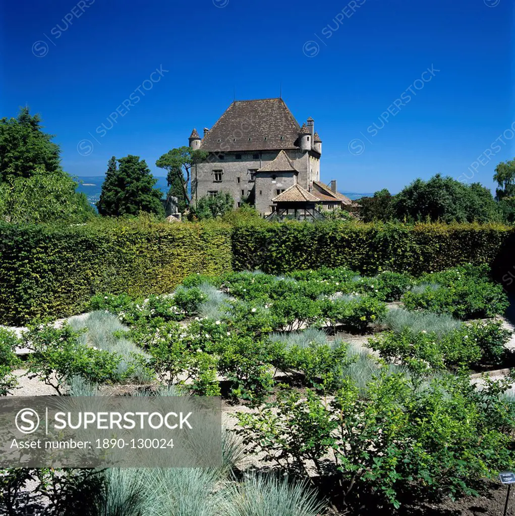 The Chateau and Jardin des Cinq Sens Garden of the Five Senses, Yvoire, Lake Geneva Lac Leman, Rhone Alpes, France, Europe