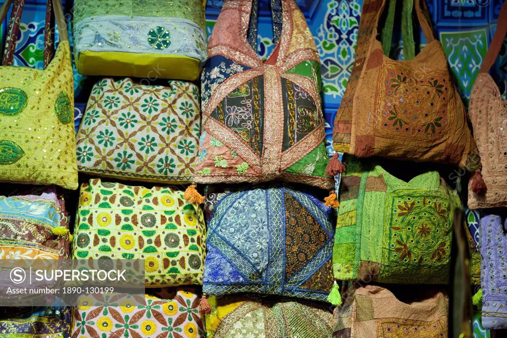 Embroidered bags for sale at the Sharia el Souk market in Aswan, Egypt, North Africa, Africa