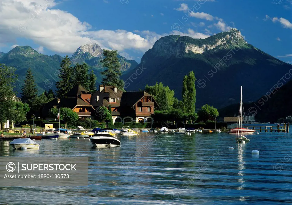 Harbour and Auberge Pere Bis, Talloires, Lake Annecy, Rhone Alpes, France, Europe