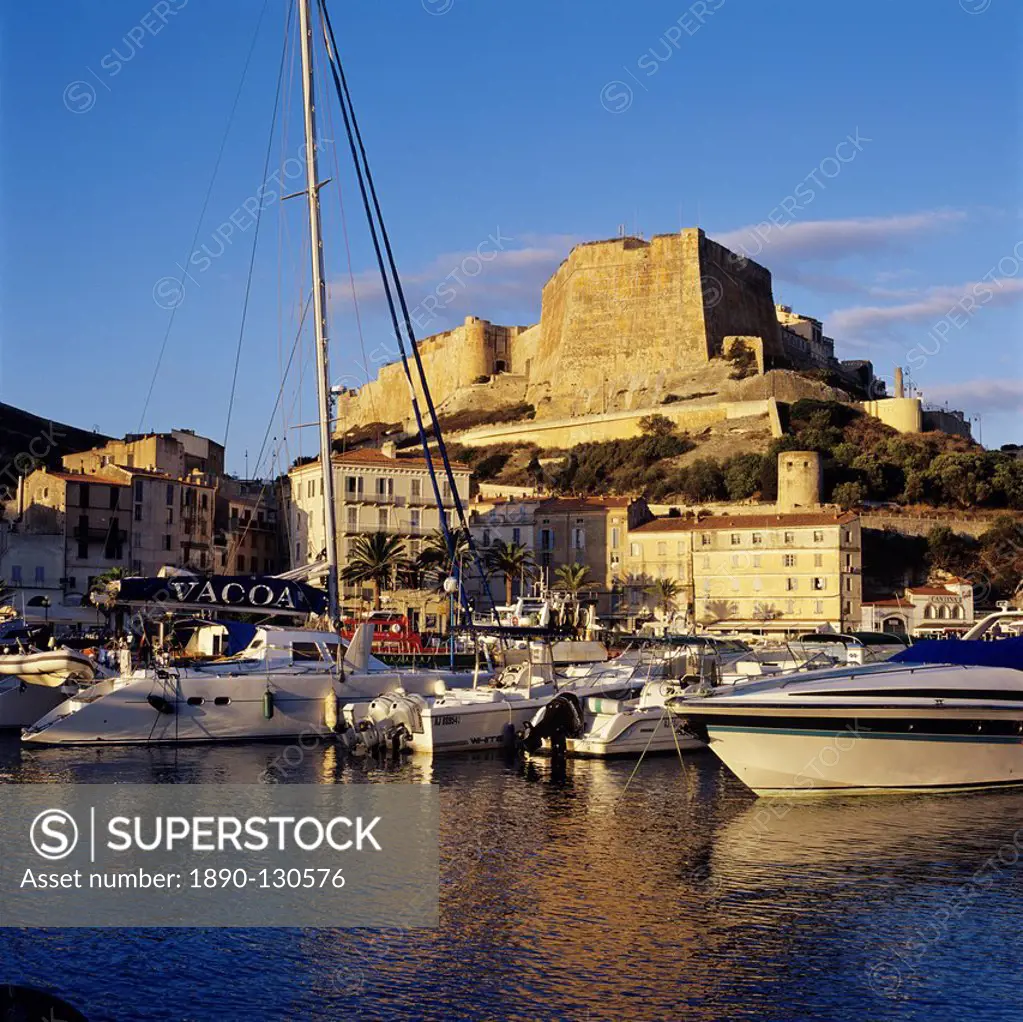 View over the Marina to Citadel and Haute Ville, Bonifacio, south coast, Corsica, France, Mediterranean, Europe