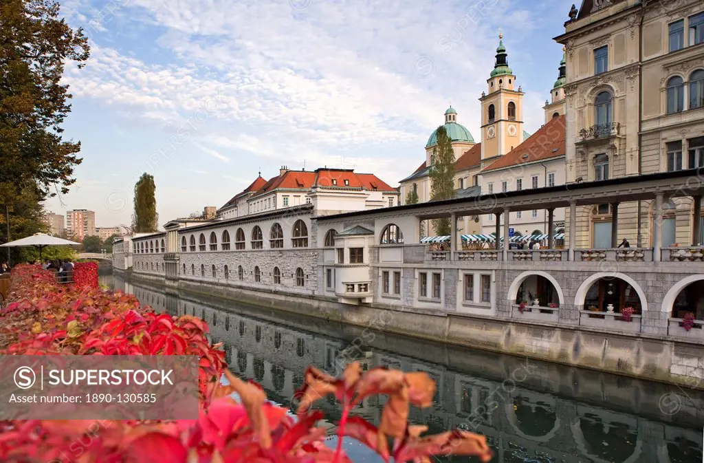 Riverside market halls and the Cathedral of St. Nicholas on the Ljubljanica River, Ljubljana, Slovenia, Europe