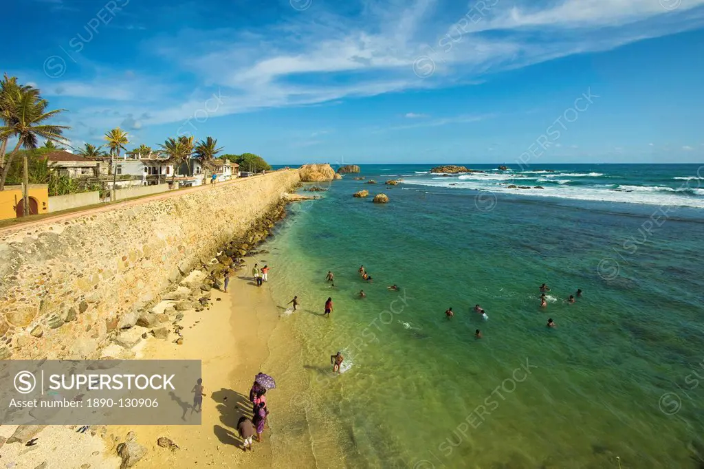 View along the rampart walls to Flag Rock, one of the former Portuguese bastions at the old Dutch Fort, UNESCO World Heritage Site, Galle, Sri Lanka, ...