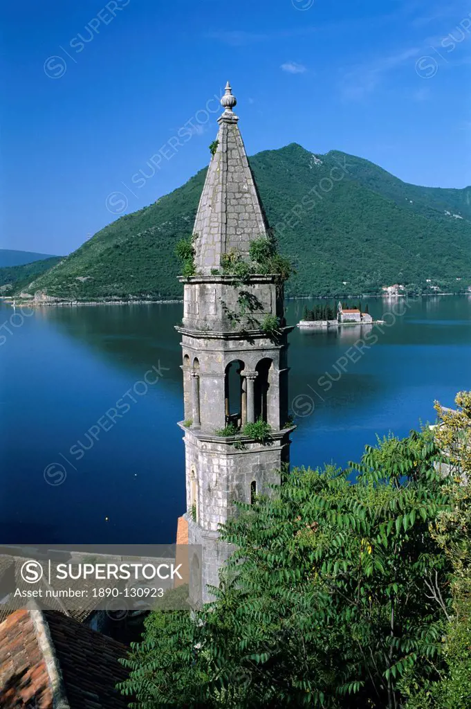 Church of St. Nikola belfry and the Benedictine Monastery of St. George on islet, Perast, The Boka Kotorska Bay of Kotor, UNESCO World Heritage Site, ...