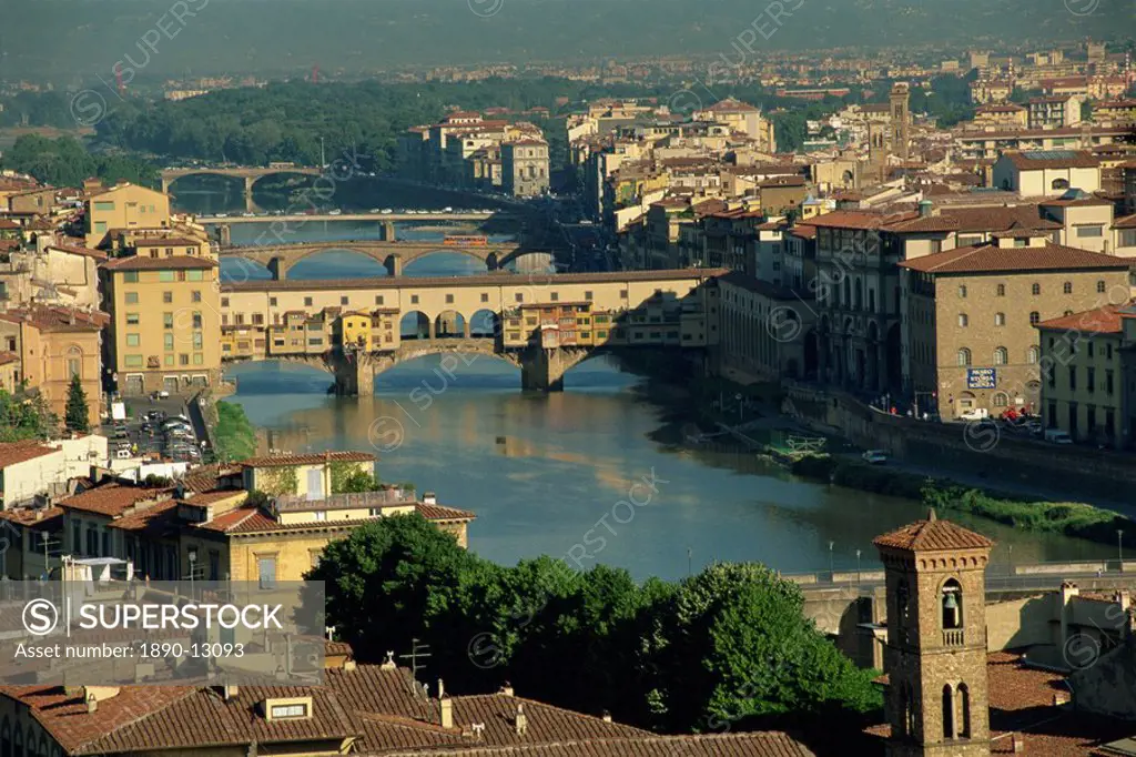 The Ponte Vecchio Bridge over the River Arno, from the Piazzale Michelangelo, in the city of Florence, Tuscany, Italy, Europe