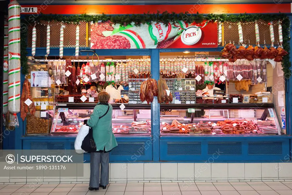 Chorizo and sausage stall, Central Market Kozponti Vasarcsarnok, Budapest, Hungary, Europe