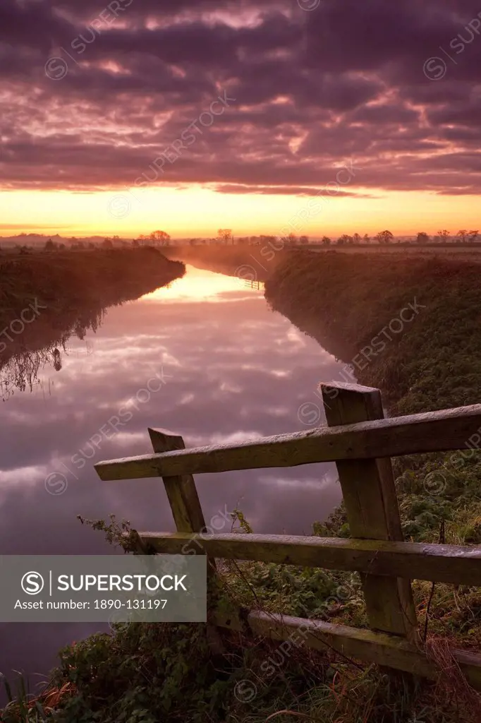 Sunrise over the River Brue near Glastonbury, Somerset Levels, Somerset, England, United Kingdom, Europe