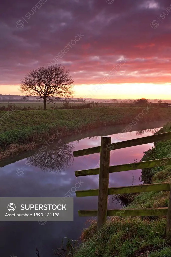 Somerset Levels sunrise over the River Brue near Glastonbury, Somerset, England, United Kingdom, Europe