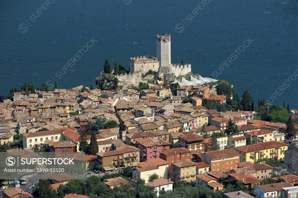 Houses and castle at Malcesine on Lake Garda in Alto Adige, Italy, Europe