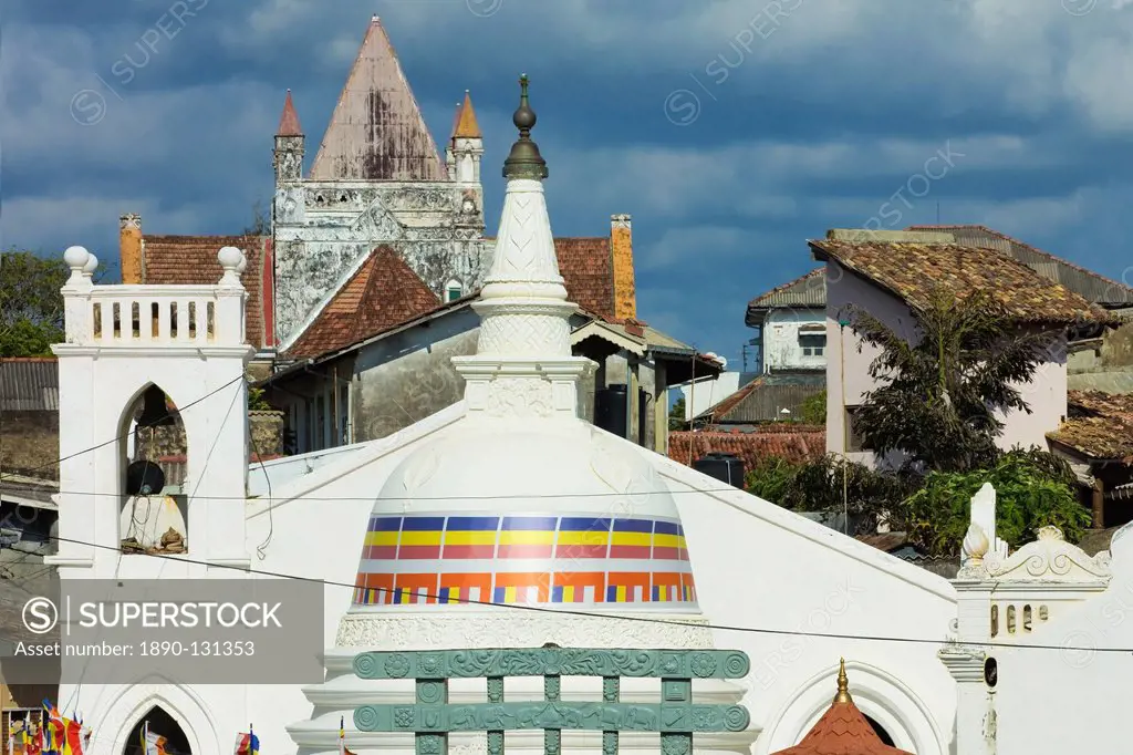 Shri Sudarmalaya Buddhist Temple and All Saints Anglican Church inside the old colonial Dutch Fort, UNESCO World Heritage Site, Galle, Sri Lanka, Asia