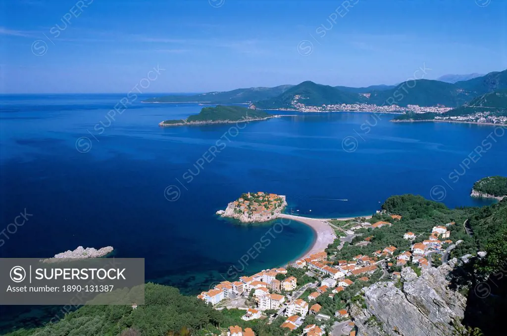 View over bay, Sveti Stefan, The Budva Riviera, Montenegro, Europe