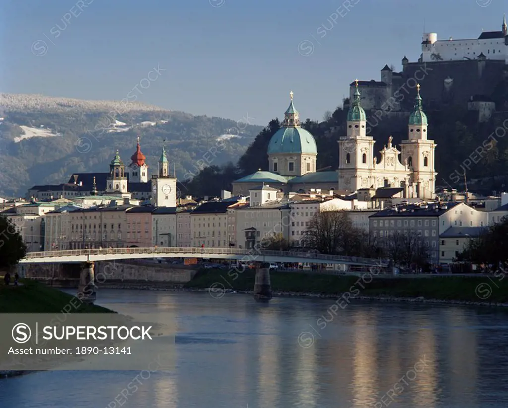 Domes of the cathedral and Kollegienkirche and the Salzach River, Salzburg, Austria, Europe