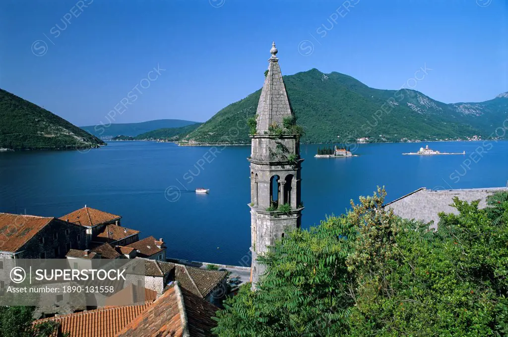 Church of St. Nikola with islet monasteries of St. George and Our Lady of the Lake, Perast, The Boka Kotorska Bay of Kotor, UNESCO World Heritage Site...