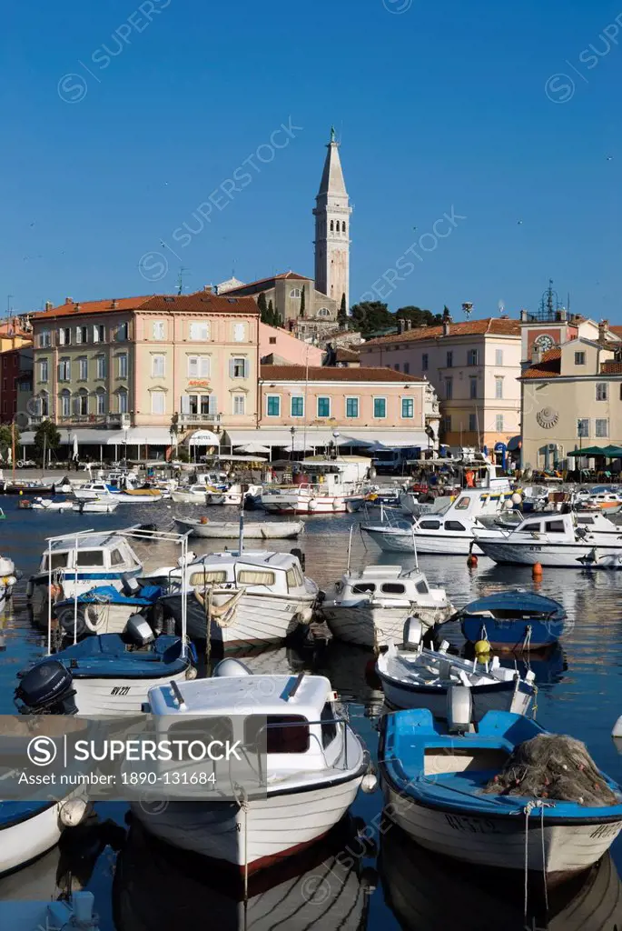 Fishing harbour and St. Euphemia´s Church, Rovinj, Istria, Croatia, Adriatic, Europe