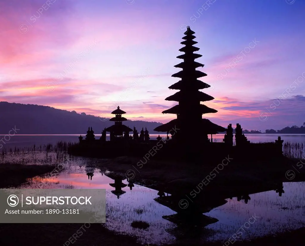 Reflections of the Candikuning Temple in the water of Lake Bratan on Bali, Indonesia, Southeast Asia, Asia