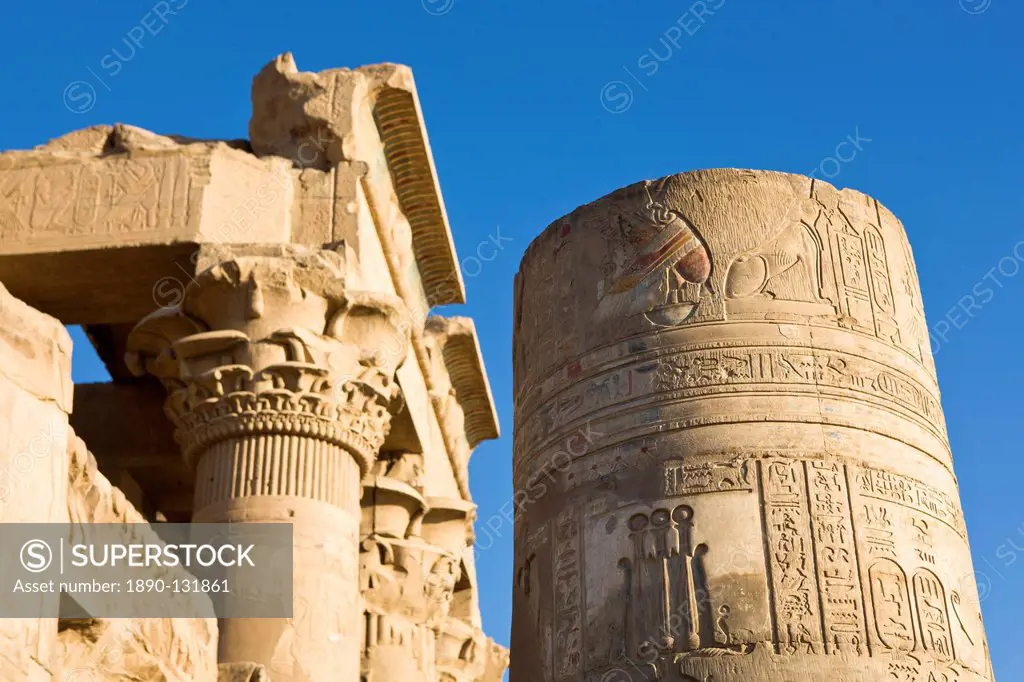 Painted pillar and Pronaos at the Temple of Sobek and Haroeris, Kom Ombo, Egypt, North Africa, Africa