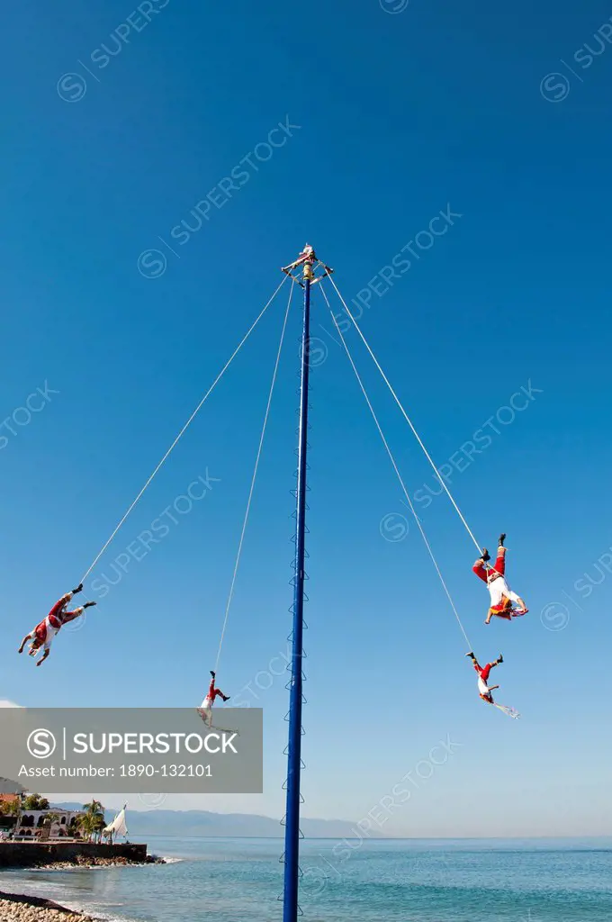 Voladores of Papantla flying men, on the Malecon, Puerto Vallarta, Jalisco, Mexico, North America