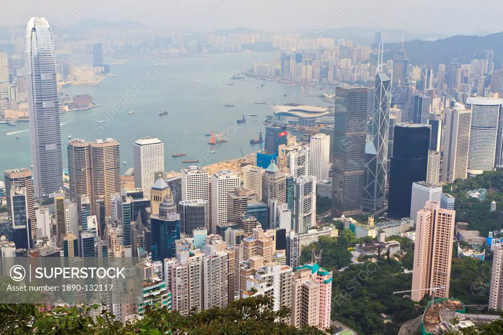 High view of the Hong Kong Island skyline and Victoria Harbour from Victoria Peak, Hong Kong, China, Asia