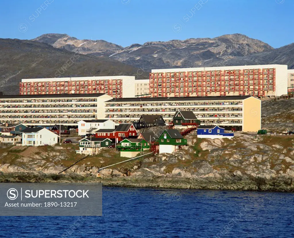 Houses and apartment buildings on the shore at Nuuk, Godthab, capital city of Greenland, Polar Regions