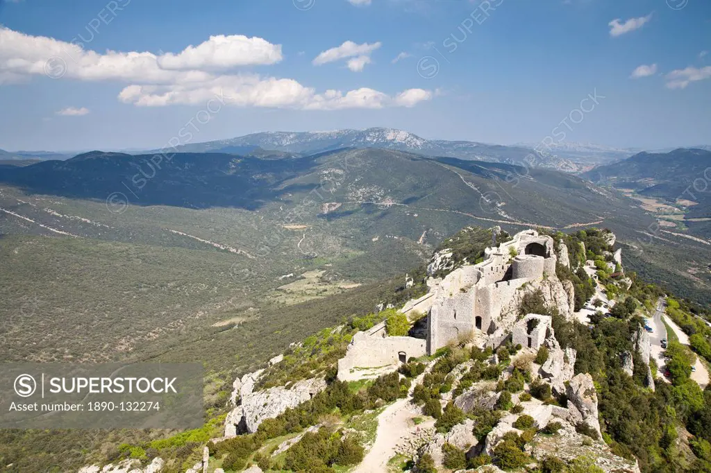 View of the Cathar castle of Peyrepertuse in Languedoc_Roussillon, France, Europe