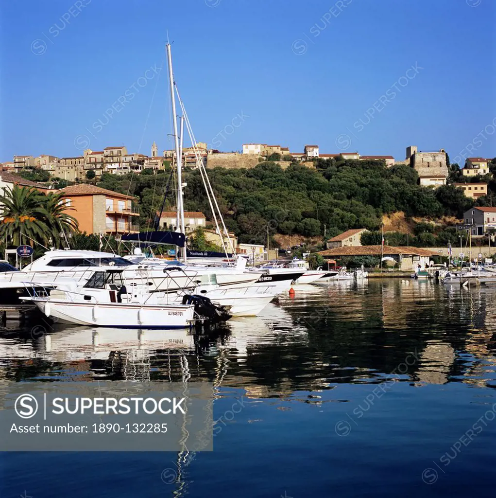 View over harbour to the old town, Porto Vecchio, Corsica, France, Mediterranean, Europe