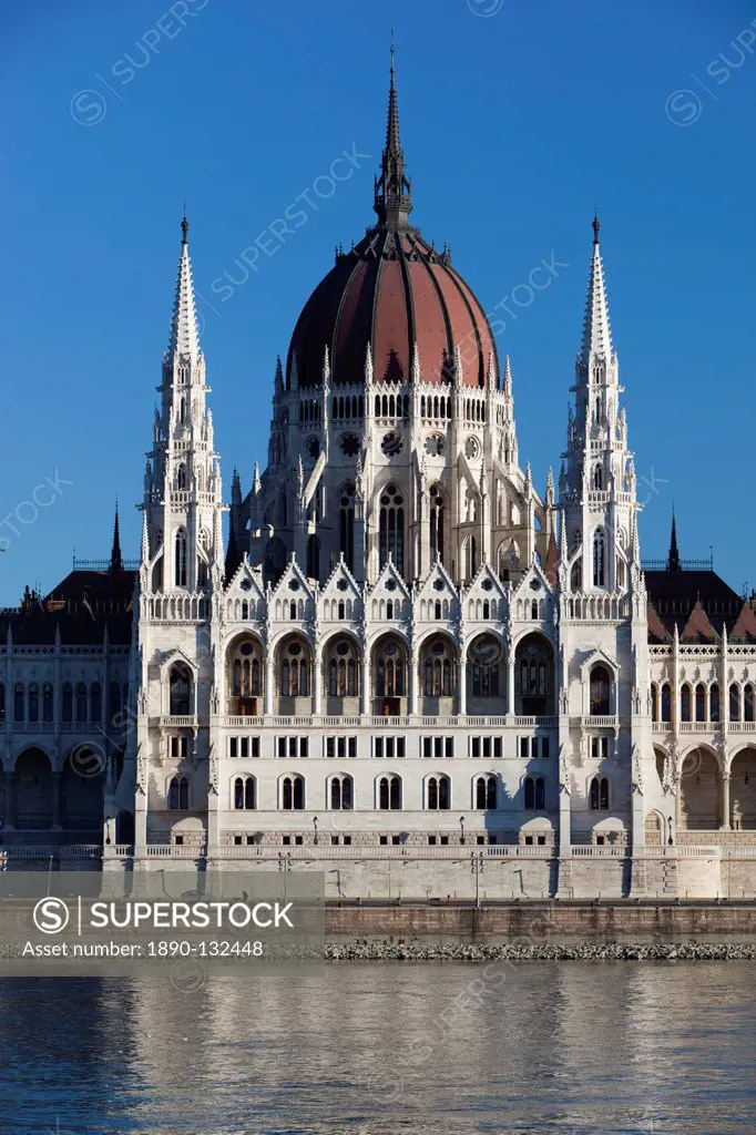 The Parliament Orszaghaz across River Danube, UNESCO World Heritage Site, Budapest, Hungary, Europe