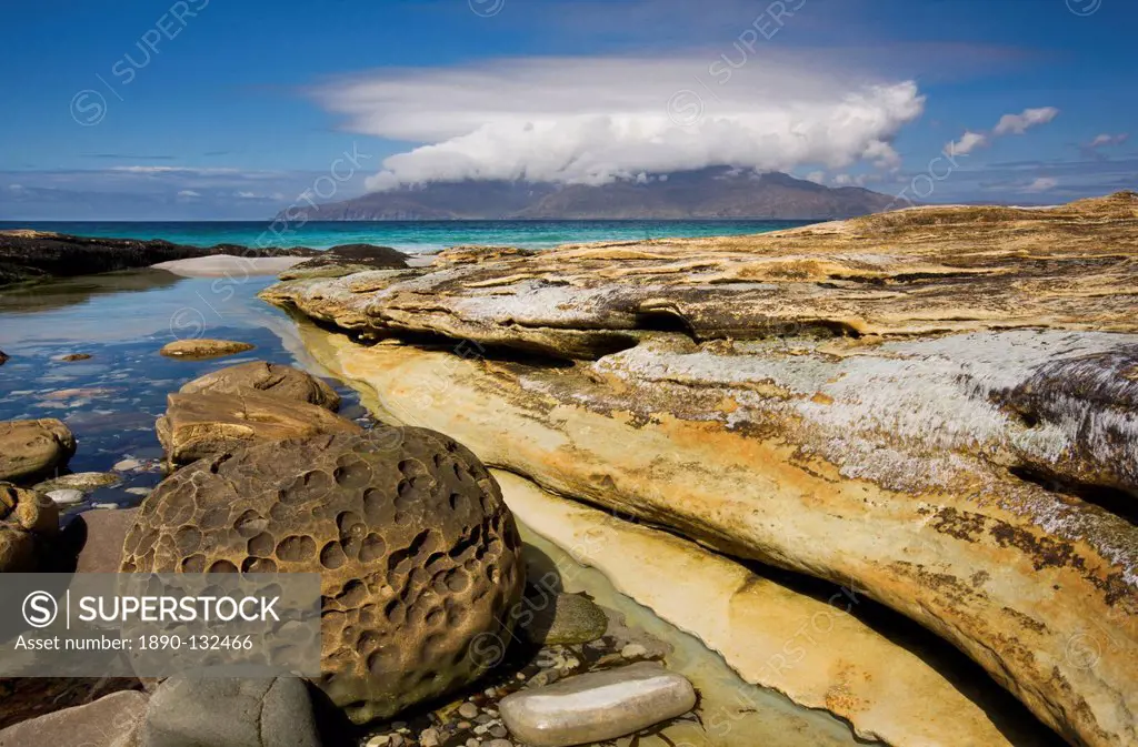 View across the Sound of Rum from the Singing Sands, Isle of Eigg, Inner Hebrides, Scotland, United Kingdom, Europe