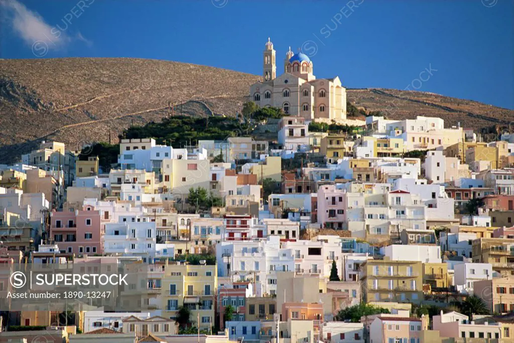 City skyline and church of Anastasis, Ermoupolis City, Syros, Cyclades, Greek Islands, Greece, Europe