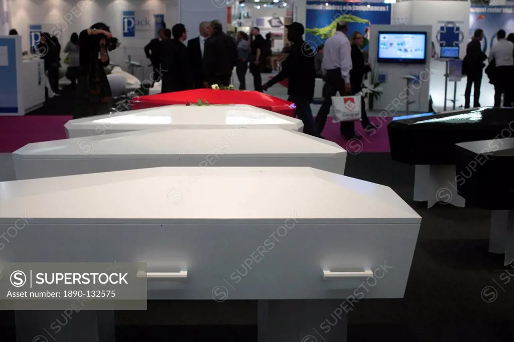 Coffins at a funeral show, Paris, France, Europe