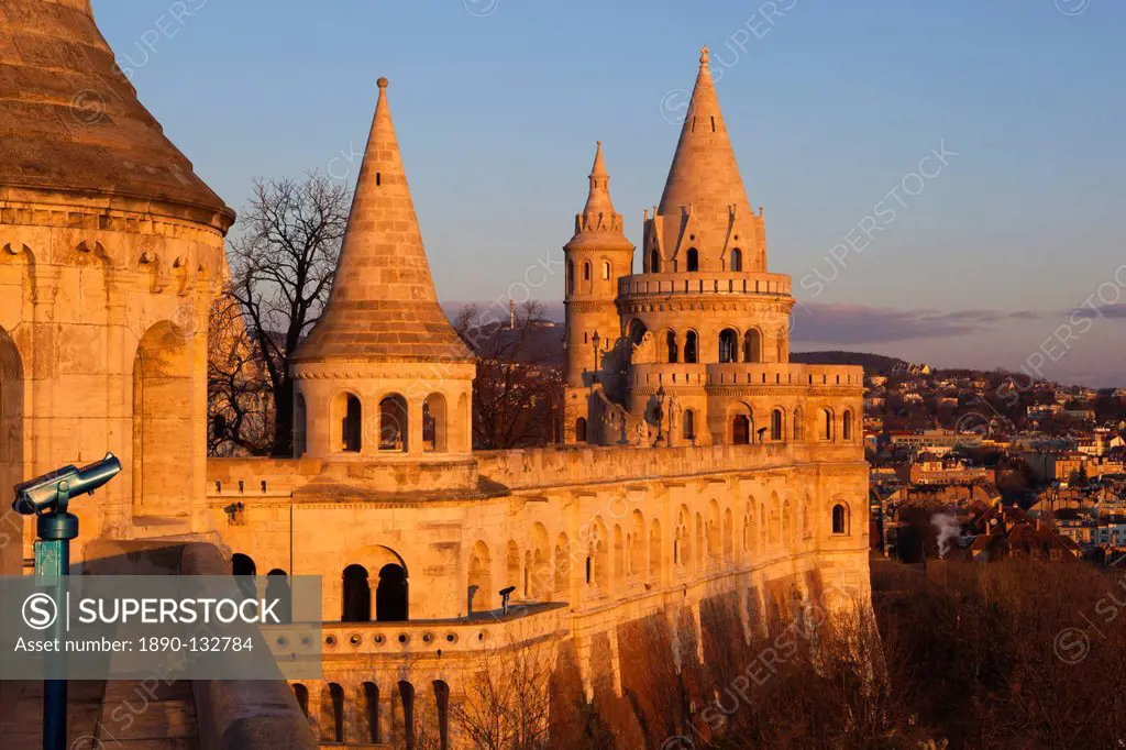 Turrets of Fishermen´s Bastion Halaszbastya at dawn, Buda, Budapest, Hungary, Europe