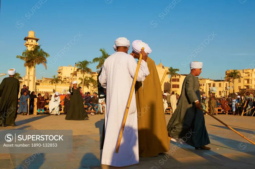 Tahtib demonstration, traditional form of Egyptian folk dance involving a wooden stick, also known as stick dance or cane dance, Mosque of Abu el_Hagg...