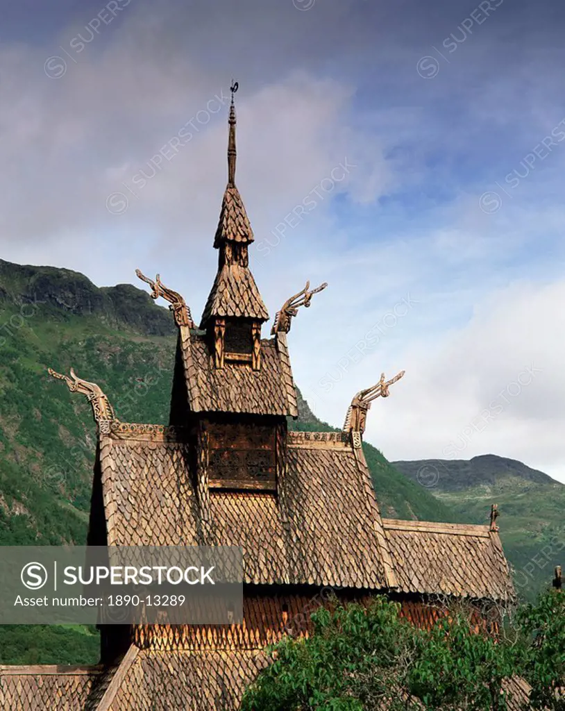 The best preserved 12th century stave church in Norway, Borgund Stave Church, Western Fjords, Norway, Scandinavia, Europe
