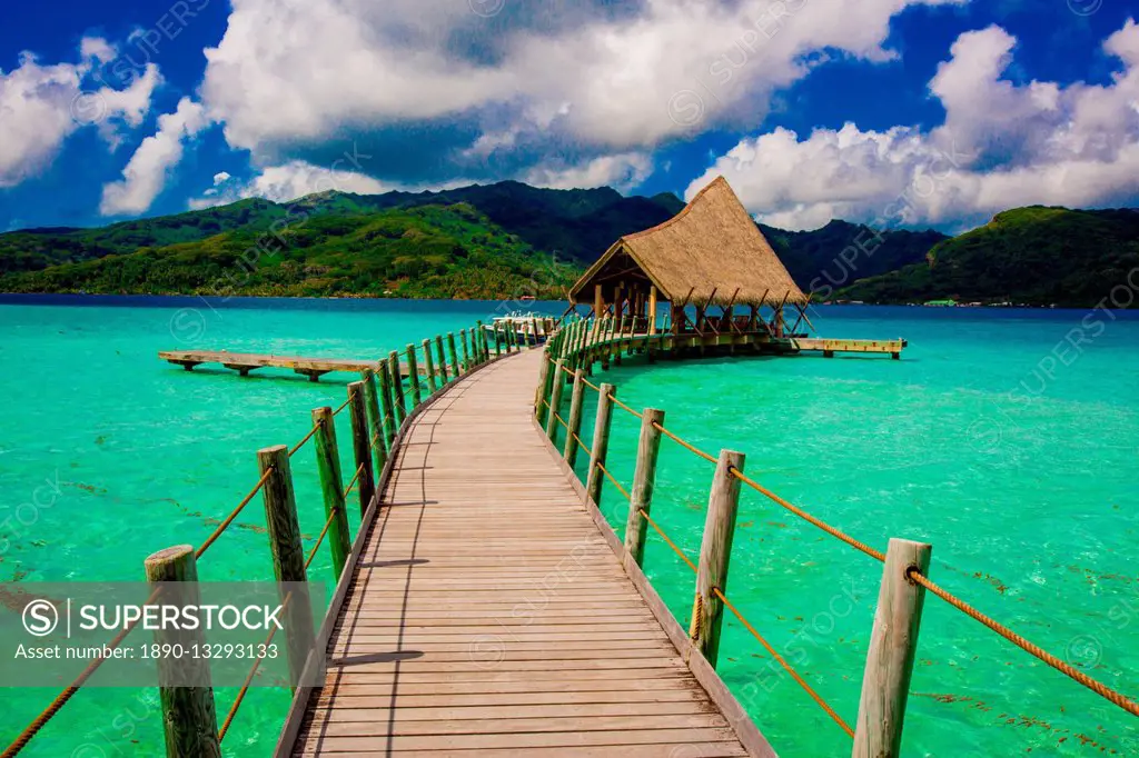 Overwater bungalow pier, Le Taha'a Resort, Tahiti, French Polynesia, South Pacific, Pacific