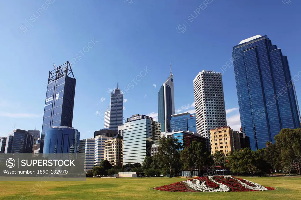Skyscrapers of the Central Business District CBD tower over the Esplanade at Perth, Western Australia, Australia, Pacific