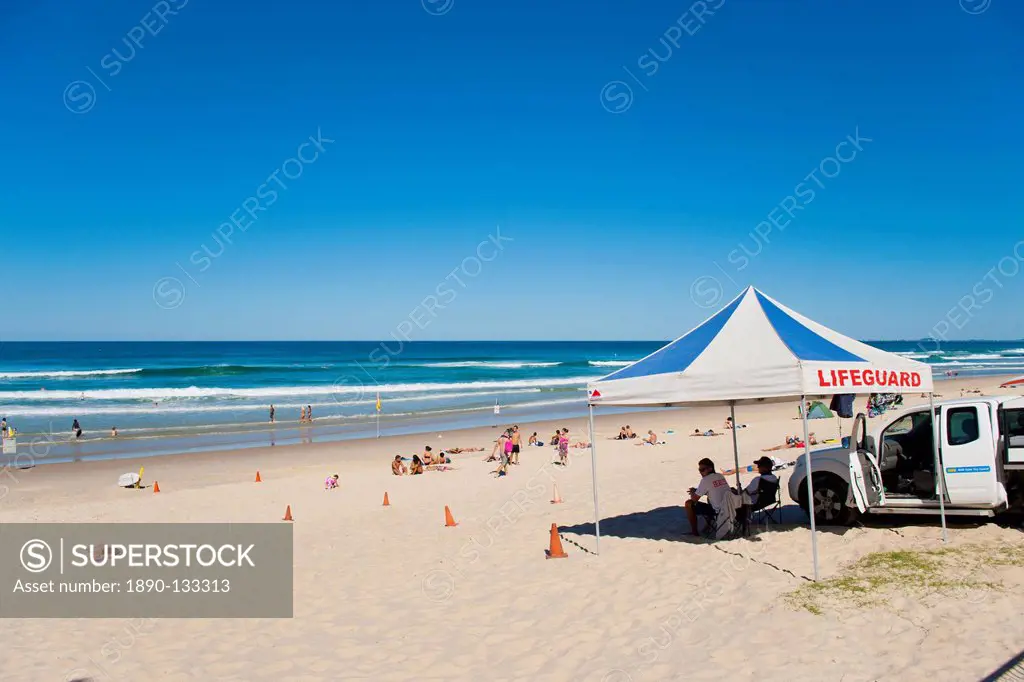 Surfers Paradise Beach and lifeguards at Surfers Paradise, the Gold Coast, Queensland, Australia, Pacific