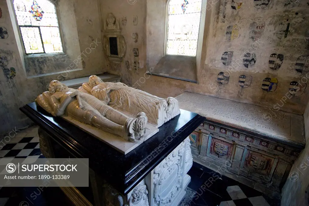 Tombs and effigies of the Hungerford Family, inside the chapel of the 14th century Farleigh Hungerford Castle, Somerset, England, United Kingdom, Euro...