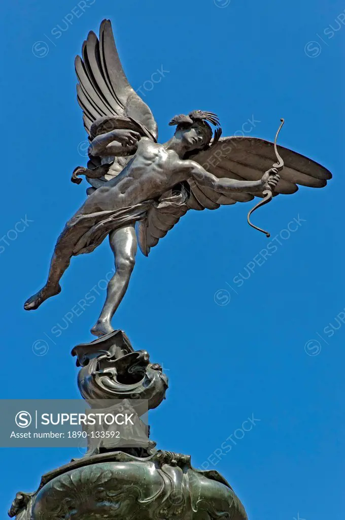 Winged statue of Eros, the Shaftesbury Memorial, first statue cast in aluminium, Piccadilly Circus, London, England, United Kingdom, Europe