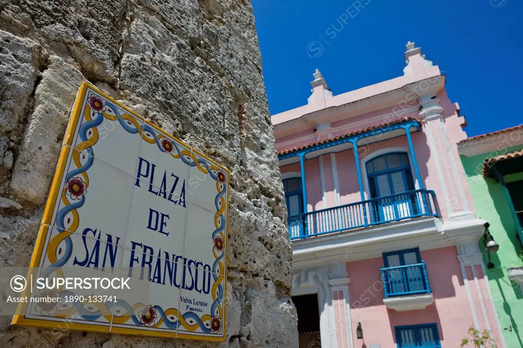 Street sign, Plaza de San Francisco, Old Havana, UNESCO World Heritage Site, Havana, Cuba, West Indies, Central America