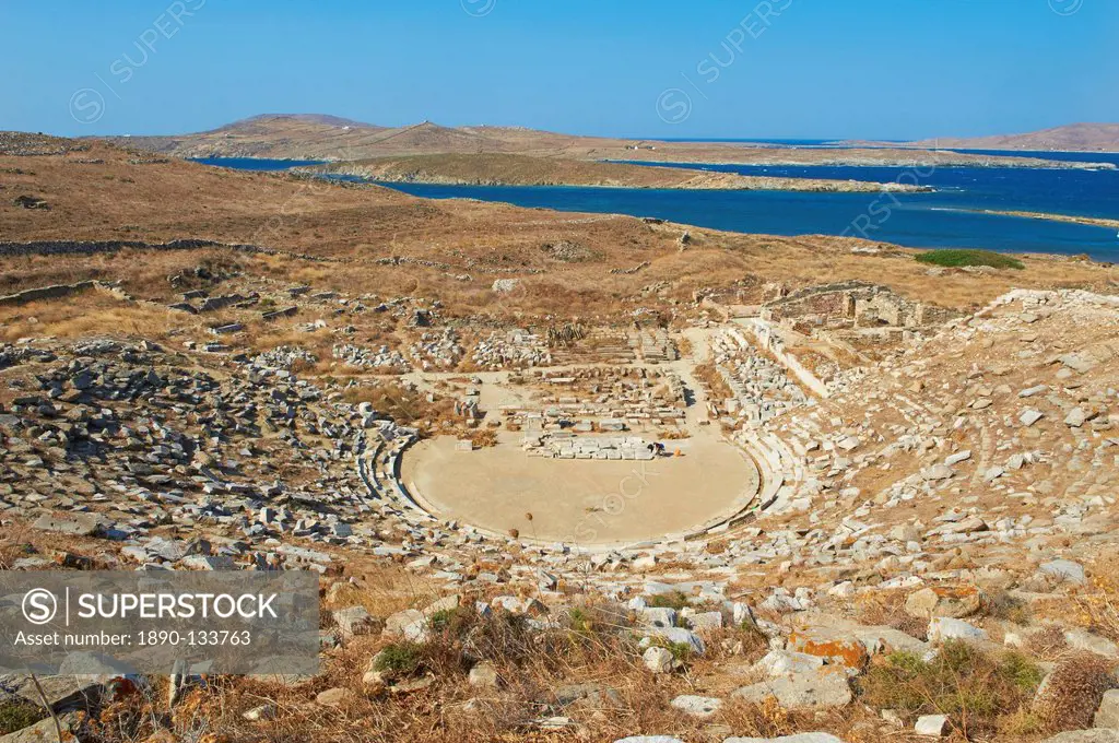 The Theatre, Quarter of the Theatre, archaeological site, Delos, UNESCO World Heritage Site, Cyclades Islands, Greek Islands, Aegean Sea, Greece, Euro...