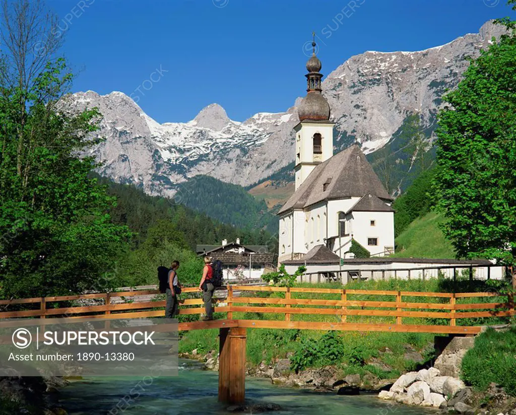 Ramsau village church and mountains, Bavaria, Germany, Europe