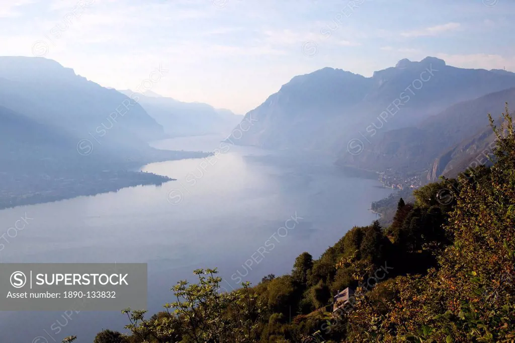 View towards Lecco at sunrise, Civenna, Bellagio, Lake Como, Lombardy, Italian Lakes, Italy, Europe