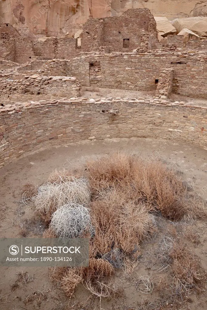 Kiva and other structures at Pueblo Bonito, Chaco Culture National Historic Park, UNESCO World Heritage Site, New Mexico, United States of America, No...